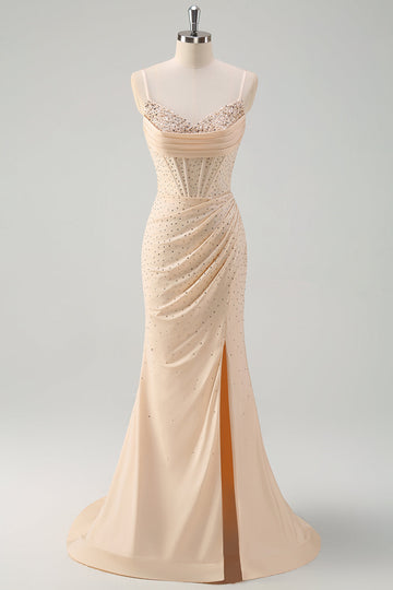 Glitter gul havfrue Spaghetti stropper Beaded lang korset Prom kjole med slids